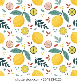 A playful seamless pattern featuring a repeating background of lemons, grapefruit slices, and various leaves. This colorful botanical design is perfect for summer textiles and decor.