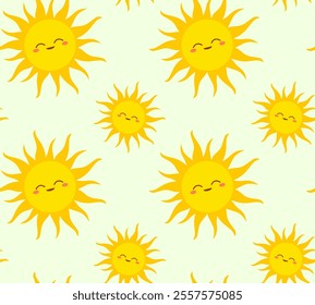 Playful seamless pattern featuring smiling suns with a cartoonish aesthetic. Cheerfulness and optimism. Flat, Minimalist style emphasizes simplicity and charm. Whimsical and friendly. Uplifting vibe.