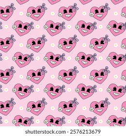 Playful seamless pattern featuring smiling pink hearts with flowers and bows on a soft pink background, perfect for Valentine’s themes