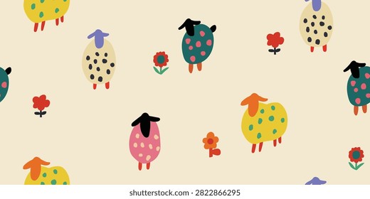 Playful seamless pattern featuring tiny colorful sheep and simple stylized flowers scattered across a warm beige paper textured background. Minimalist hand drawn Scandinavian farm design inspired by children's paper crafts, perfect for nursery fabrics, quilting and kids' textiles. 100% hand drawn vector file.