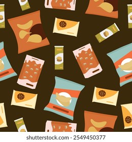 A playful seamless pattern featuring a variety of snacks