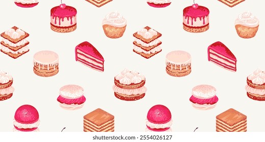 Playful seamless pattern featuring various delicious desserts like cakes, macarons, and pastries in soft pastel tones. Design for wrapping paper, bakery packaging, fabric designs, and cafe decor.