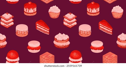 Playful seamless pattern featuring various delicious desserts like cakes, macarons, and pastries on burgundy background. Design for wrapping paper, bakery packaging, fabric designs, and cafe decor.