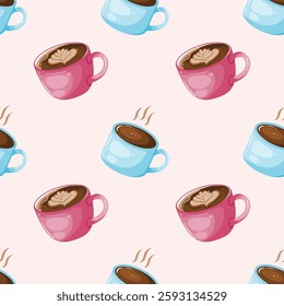 A playful seamless pattern featuring various coffee mugs, including latte art and steam, in pink and blue hues. 