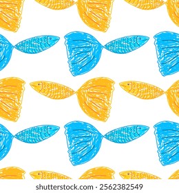 Playful seamless pattern featuring vibrant blue and yellow fish with textured, hand-drawn details, perfect for aquatic-themed designs and creative projects.