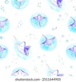 Ein verspieltes, nahtloses Muster mit Aquarell-Stingrays mit Blasen auf weißem Hintergrund. Ideal für Textilien, Schreibwaren und Designs zum Thema Ozean