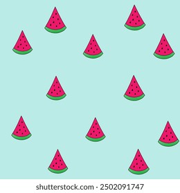 Playful seamless pattern featuring watermelon slices on a light blue background, perfect for summer themes and fresh, fruity designs.