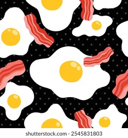 Playful seamless pattern with fried eggs and crispy bacon, perfect for breakfast-themed design. Ideal for fabric, wallpaper, kitchen decor, fun culinary inspired products with cozy, food-lover appeal