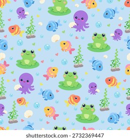 Spielerisches, nahtloses Muster mit Fröschen, Tintenfischen und bunten Fischen auf hellblauem Hintergrund. Perfekt für Kindertextilien, mit fröhlichen Charakteren und gemütlichen Unterwasserelementen