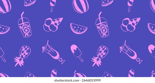Playful seamless pattern of fruity drinks, popsicles, ice cream, and watermelon on a purple background. Summer dessert and drink theme, perfect for childrens decor, packaging, or fabric.