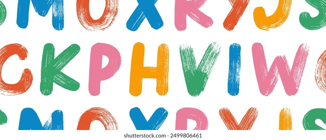 Patrón sin fisuras juguetón con letras grunge de estilo de dibujos animados funky. Diseño de Fondo de pantalla tipográfico de estilo infantil. Letras de Vector coloridas mayúsculas con textura de pincel. Diseño juguetón infantil dibujado a mano.