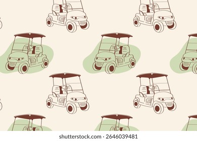 Padrão sem emenda brincalhão com carrinho de golfe em estilo doodle e acentos verdes. Perfeito para decoração com tema de golfe e publicações de golfe.