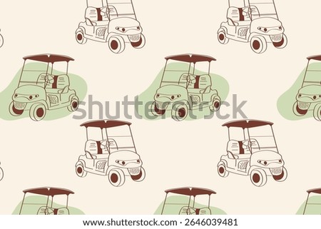 Playful seamless pattern with golf cart in doodle style and green accents. Perfect for golf-themed decor and golf publications.