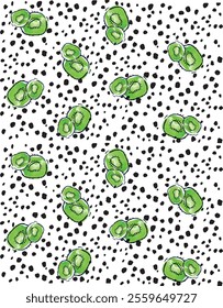 Playful seamless pattern with green abstract shapes and black ink dots on a white background. Modern and trendy design for textiles, wallpaper, packaging, or creative projects