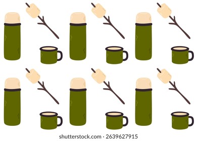 Playful seamless pattern with green thermos, mugs and marshmallows. Great for camp-themed packaging, print materials, kids' designs or adventure content