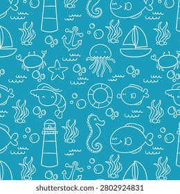 Playful seamless pattern with hand drawn white sea life icons including fish, starfish, whale, turtle, shells, sailboat, and beach items on bright turquoise blue background, ideal for kids swimwear, summer fabric, nursery wallpaper, beach bags, and coastal wrapping paper