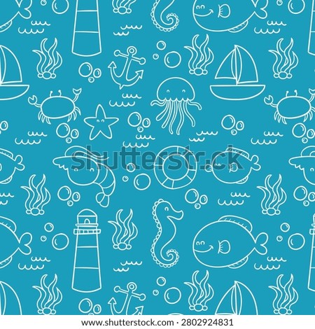 Playful seamless pattern with hand drawn white sea life icons including fish, starfish, whale, turtle, shells, sailboat, and beach items on bright turquoise blue background, ideal for kids swimwear, summer fabric, nursery wallpaper, beach bags, and coastal wrapping paper