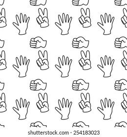 Playful seamless pattern of hand gestures representing rock, paper, and scissors, perfect for game-related designs or fun backgrounds.