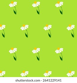 Playful seamless pattern with hand-drawn chamomile flowers on a vibrant green background. Perfect for spring and summer-themed designs, textiles, packaging, or greeting cards.