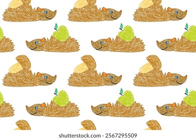 Playful seamless pattern of hand-drawn hedgehogs carrying green apples and mushrooms in a whimsical cartoon style.