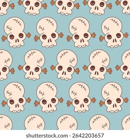 Playful seamless pattern with hand-drawn skulls with big eyes, stitches, and crossbones on a soft blue background. Ideal for Halloween-themed projects
