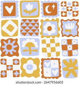 Playful seamless pattern. Hand-drawn tiles with geometric and floral motifs. Bold colors.