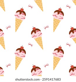 A playful seamless pattern of ice cream cones adorned with cute ribbon bows. Perfect for packaging, branding, and festive designs.