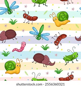 A playful seamless pattern with insects and a snail on a striped pastel background. Drawn in a cartoon style.