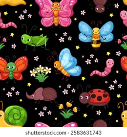 A playful seamless pattern with insects and a snail on a striped pastel background. Vector cartoon illustration