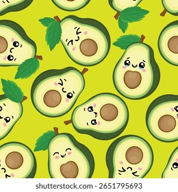 Padrão lúdico sem emenda com abacate kawaii metades em fundo amarelo brilhante. Perfeito para projetos infantis, tecidos, embalagem, scrapbooking, papel digital e projetos de verão divertidos.


