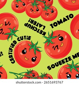 Playful padrão perfeito de tomates kawaii com citações engraçadas como "Squeeze Me" e "Ketchup Later!" Perfeito para crianças, embalagens, papel de embrulho e impressões têxteis divertidas.