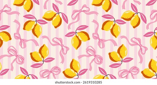 Playful seamless pattern with lemons, pink leaves, and bows on soft striped background. Bright hand-drawn citrus design for summer textiles, wrapping paper, kitchen decor, and stationery