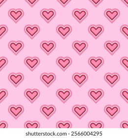 Playful seamless pattern with multi-outlined hearts in pink and red shades. Whimsical wallpaper for love-themed designs, girly stationary, scrapbooking, etc.  