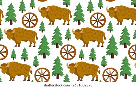a playful seamless pattern on white featuring brown cartoon bison, green evergreen trees, and rustic wagon wheels