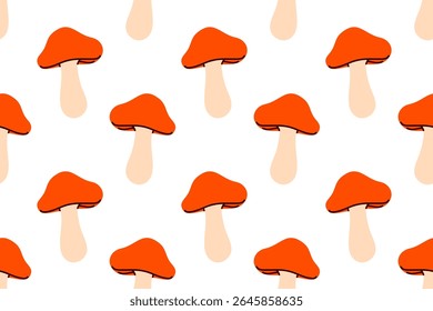Playful seamless pattern with orange mushrooms, great for children’s products, wrapping paper, and nature-themed designs
