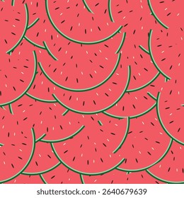 Playful seamless pattern with overlapping watermelon slices in vivid red and green tones. Perfect for textile prints, gift wrapping, product packaging, digital backdrops, and summer-themed designs