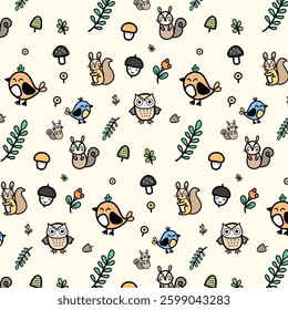 Playful seamless pattern with owls, squirrels, birds, and forest elements in earthy tones, ideal for textiles, wallpapers, and kids’ designs.