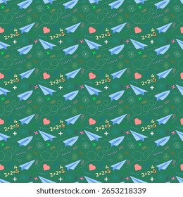 Brincalhão padrão sem emenda com aviões de papel, equações, corações e material escolar no fundo verde. Para voltar ao tema da escola, material de escritório, design de papelaria, impressão têxtil e papel de embrulho.