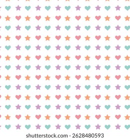 Playful seamless pattern with pastel hearts and stars 
