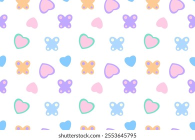 Playful seamless pattern with pastel-colored hearts and butterflies, perfect for childrens designs or decor.