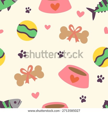 Playful seamless pattern of pet toys, dog bones, fish treats, and heart-shaped bowls tossed on background, a flat design vector illustration for pet food shop packaging and Valentine's Day.