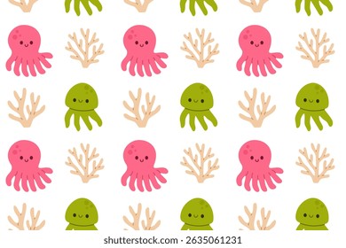 Playful seamless pattern with pink and green octopuses and beige coral, perfect for ocean-themed educational visuals