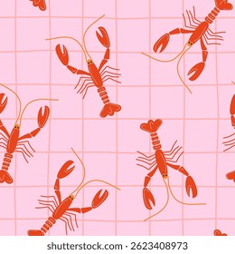 Playful seamless pattern with quirky cartoon lobsters on hand-drawn irregular grid background for packaging, wrapping, stationery, fabric, textiles, cheerful coastal designs etc.