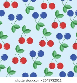 Padrão sem emenda lúdico com cerejas vermelhas e azuis emparelhadas com folhas verdes em um fundo pálido. Estilo de desenho animado. Perfeito para têxteis, embrulho para presente, embalagem e design digital