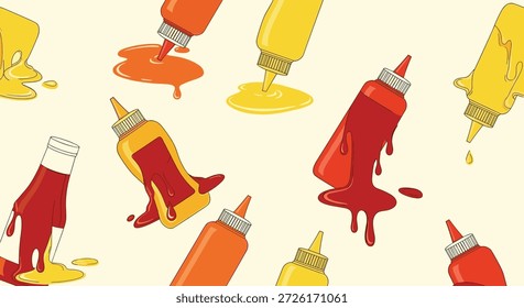 Brincalhão padrão sem emenda de ketchup vermelho e garrafas de espremedor de mostarda amarela com poças de molho derramado em um fundo esbranquiçado.