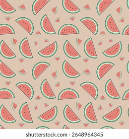 A playful seamless pattern with a repeating background of watermelon slices in various sizes. Featuring a refreshing summer fruit theme in red, green, and black on a beige background.