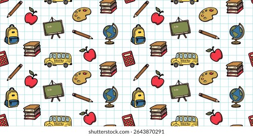 Playful seamless pattern with school themed icons like books, globes, pencils, and buses on notebook style grid background. Great for kids stationery, fabric, wrapping paper. Vector art