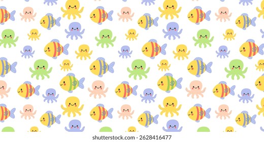 Padrão sem emenda brincalhão com animais marinhos. Peixe de desenho animado brilhante e polvos em um projeto marinho divertido.