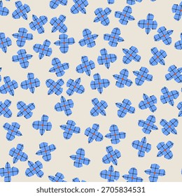 Playful seamless pattern with simple geometric blue flowers in a naive hand-drawn style. Light texture, bold shapes, and a clean modern look 