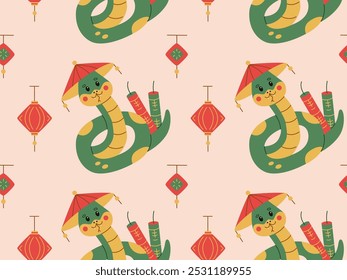 Playful seamless pattern with a snake celebrating Chinese New Year, wearing a traditional hat and holding fireworks, surrounded by festive lanterns. Ideal for holiday designs, fabric, and gift wrap.